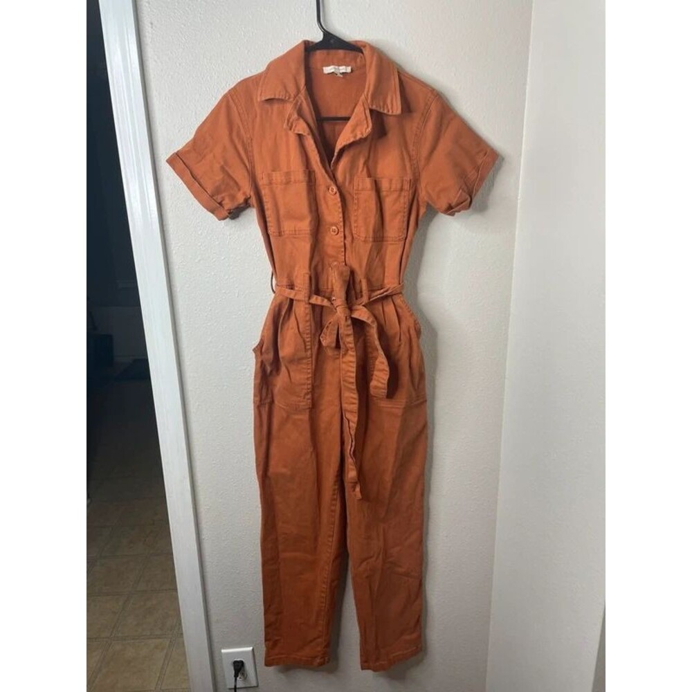 Skies Are Blue Rust Orange Utility Jumpsuit XS Short Sleeve Belted Boilersuit